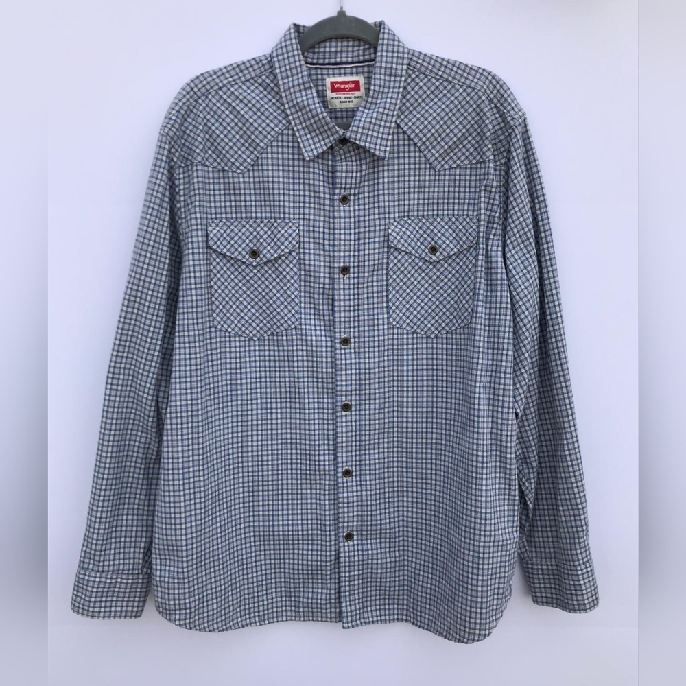 Wrangler Western Plaid Shirt XL Blue Long Sleeve Button Up Cowboy